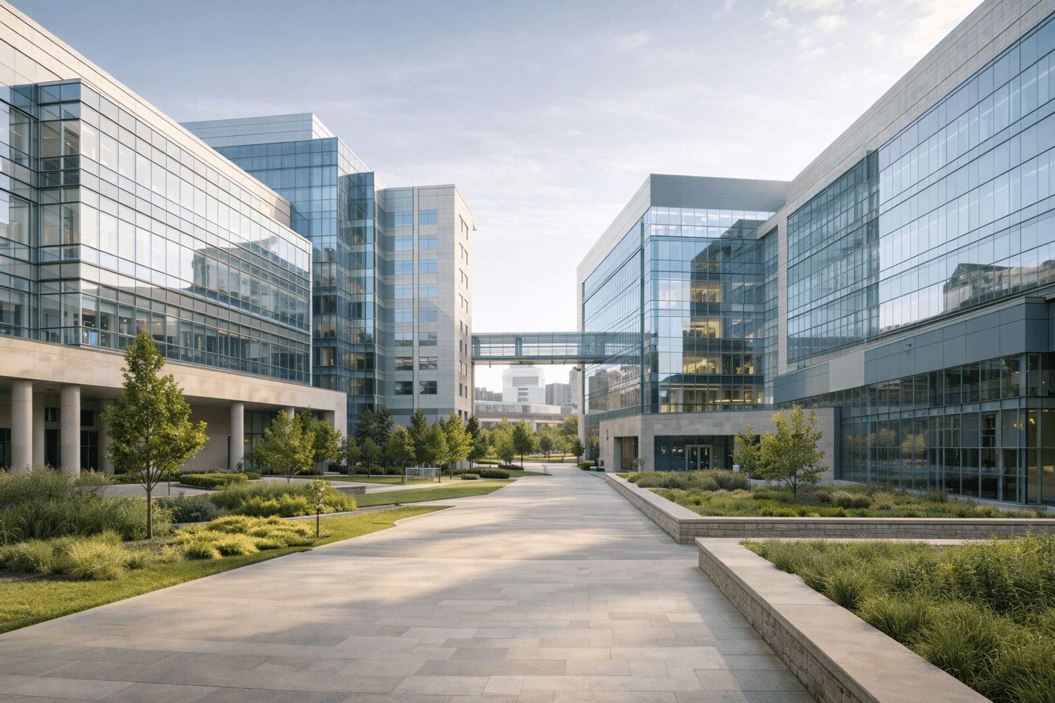 Modern medical center entrance with tree-lined pathway
